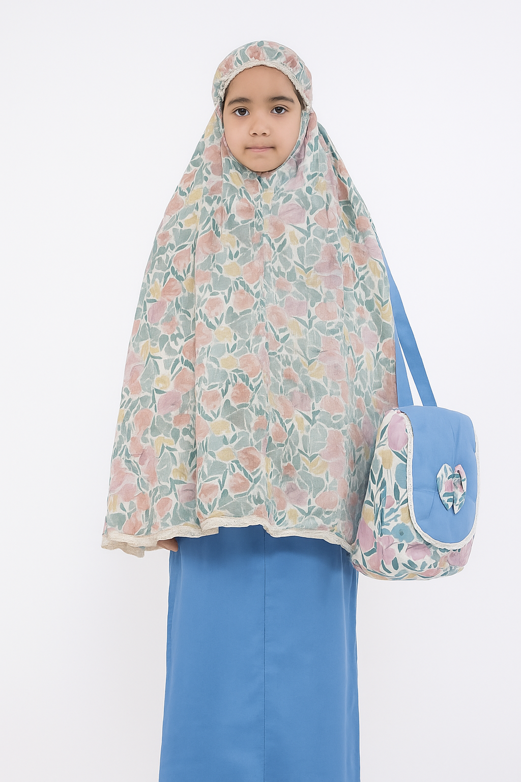 Mukena mina pour enfant i  , collection kid bleu Cotton ample 3 pièces avec sac à dos  de rangement _ Tenue de prière haute de gamme enfant _ NIYA