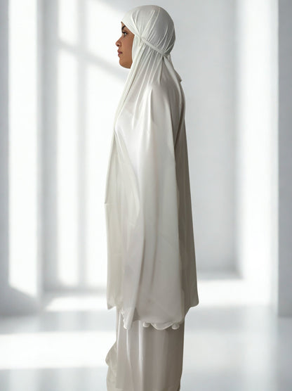 Mukena Élégance blanc en soie 3 pièces avec pochette - Tenue de prière haut de gamme NIYA