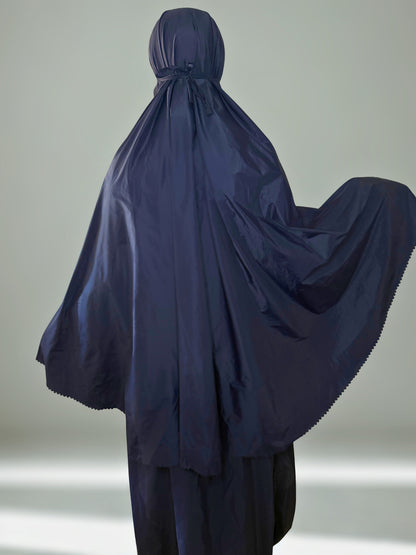 Mukena travel mini  , collection mini&go bleu nuit parachute Korean  ample 3 pièces avec mini pochette de rangement _ Tenue de prière haute de gamme _ NIYA